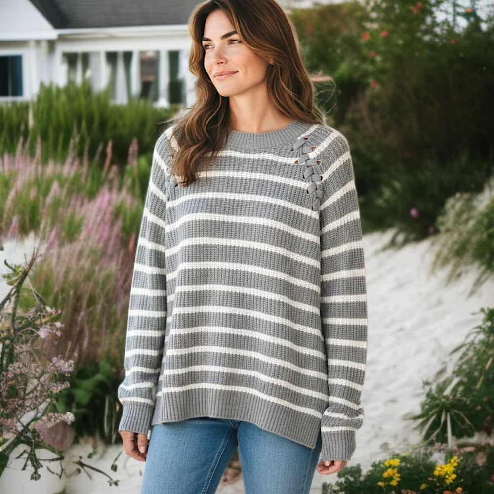 SO Fisherman Sweater M Striped Chunky Lace Up Shoulder Cozy Gray‎ White Relaxed